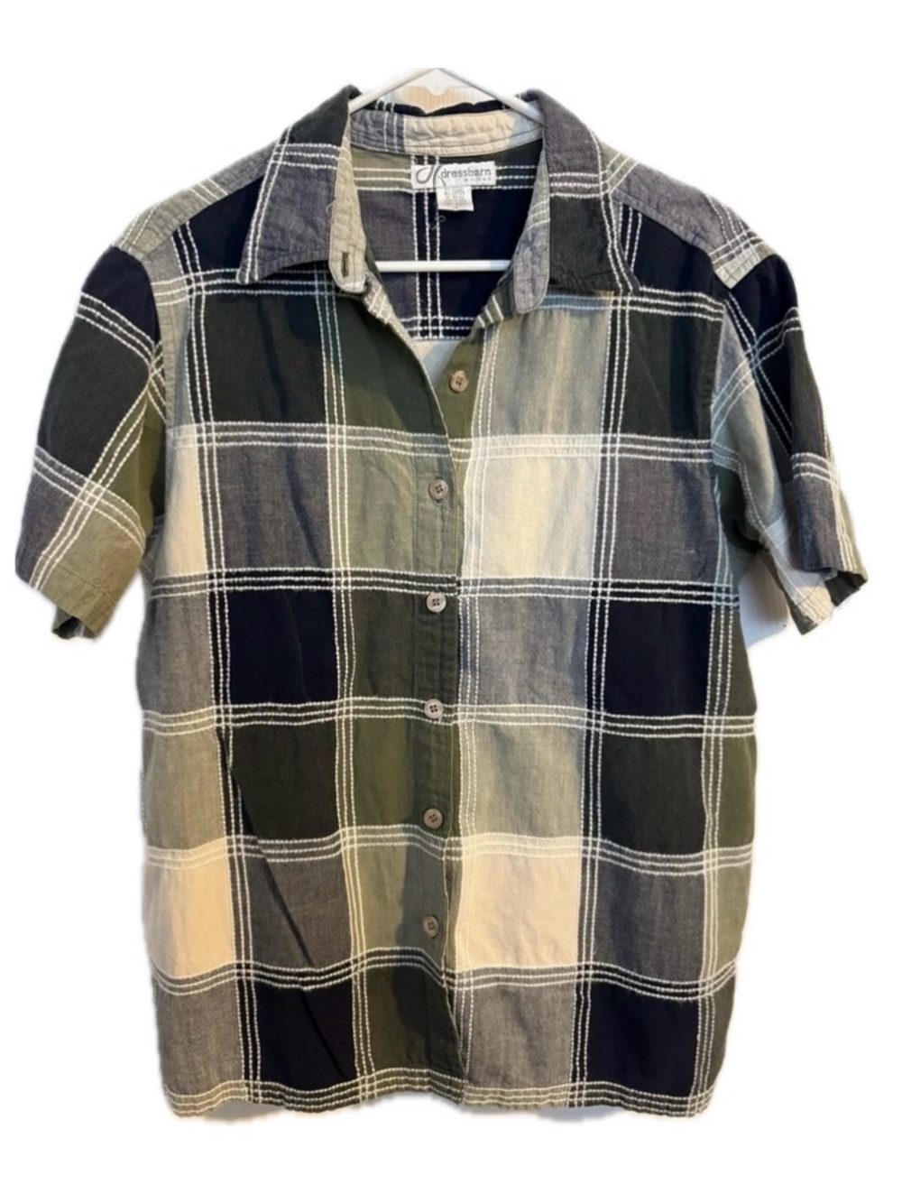Dressbarn Plaid Short Sleeve Button Down Shirt Green Blue Cream Womens Size 1X